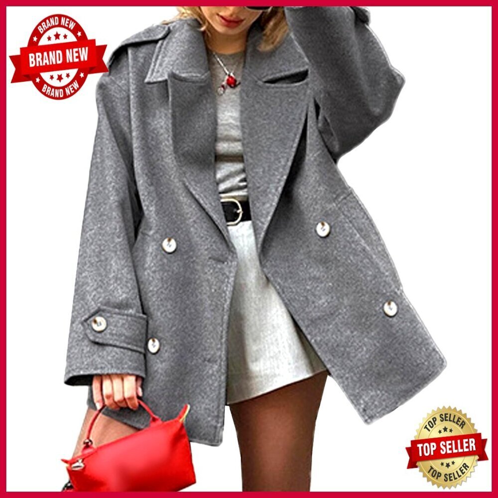 Wool Blend Pea Coat Double Breasted Notch Lapel Winter Jacket Loose Fit